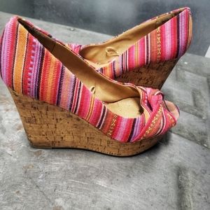 Pink Striped Peep-toe Knot Wedges